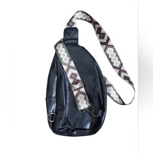 Black Faux Leather Sling Bag With Guitar Strap